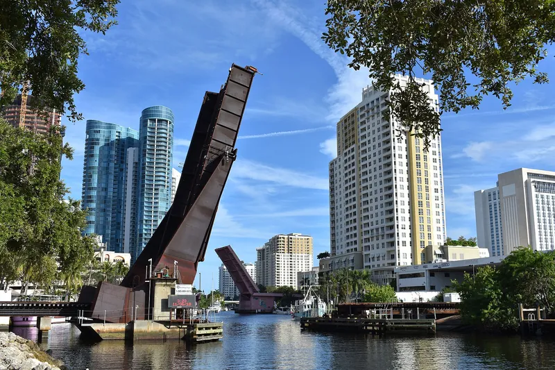 Drawbridge and downtown towers along the New River in Fort Lauderdale